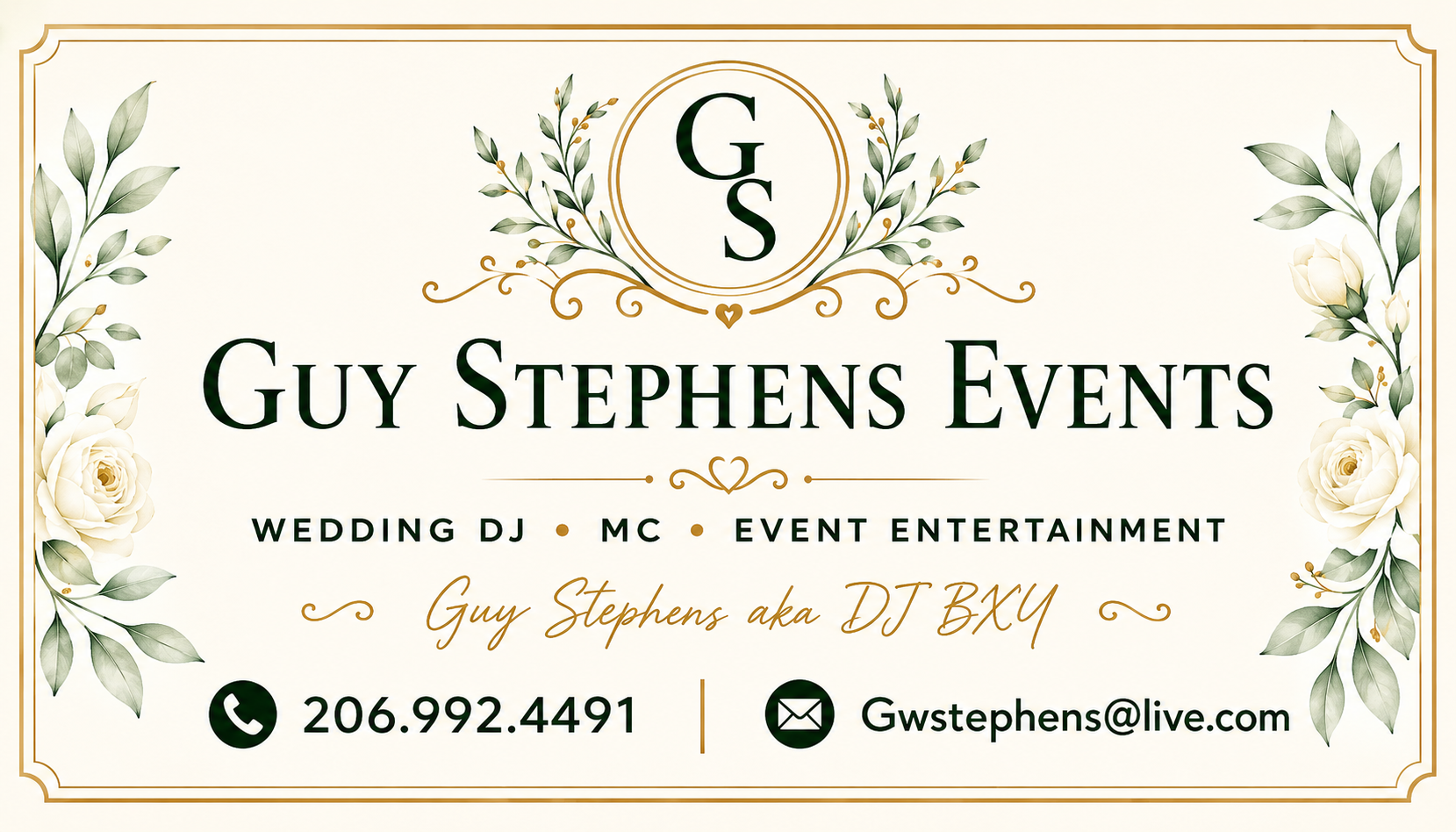 Guy Stephens Events wedding DJ, MC, and event entertainment business card