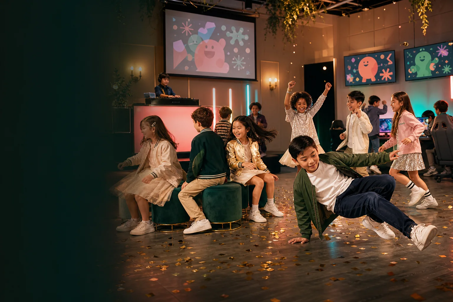Kids dancing, playing party games, and enjoying a gaming party with colorful pop-concert lighting